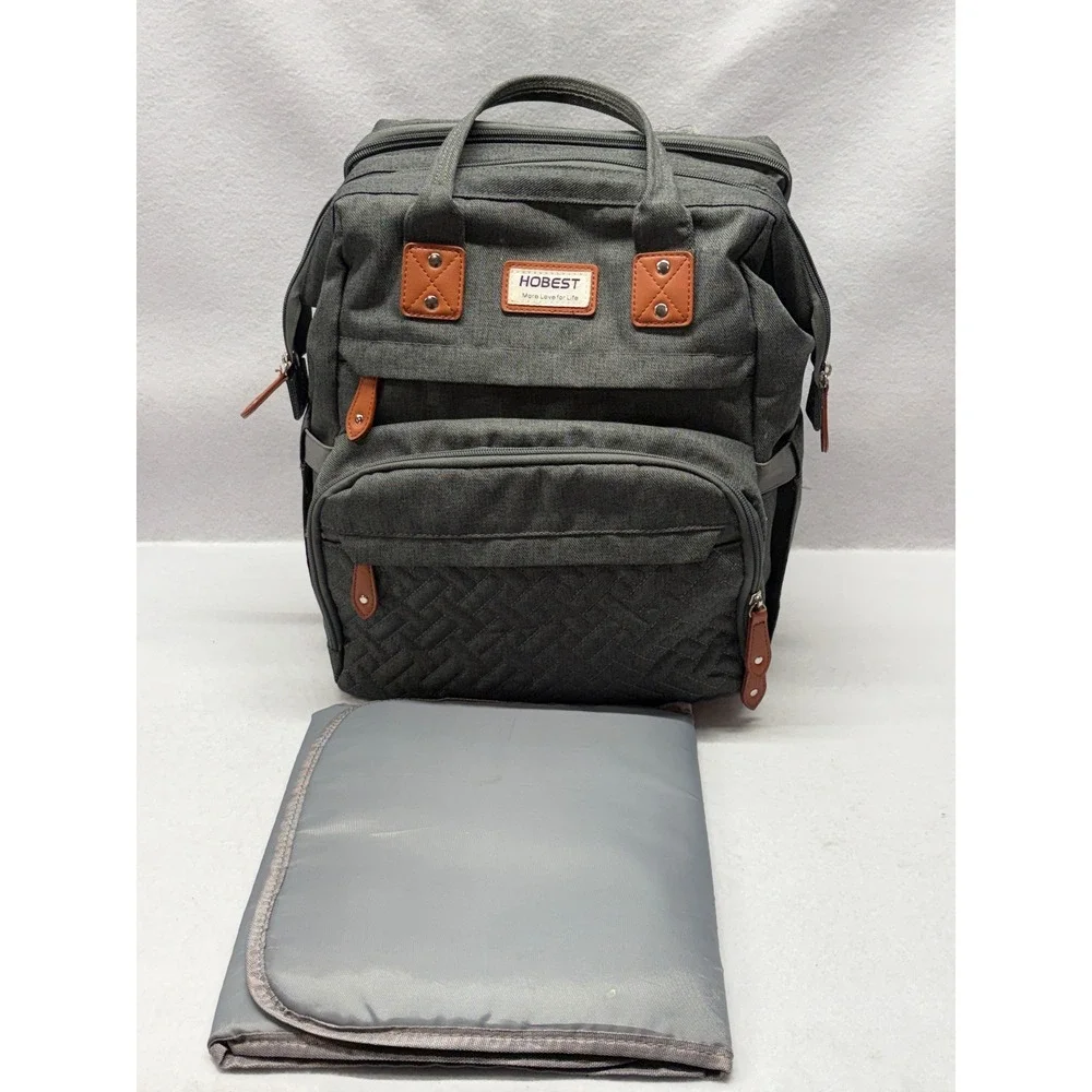 Hobest Diaper Bag Backpack Gray Insulated Pockets with Changing Pad Station